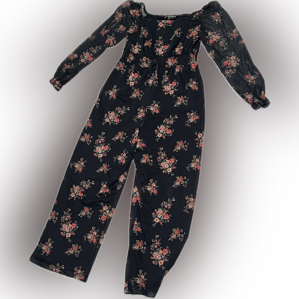 The Pink Hearts Girls Black Floral Long Sleeve Off-Shoulder Jumpsuit Size M - Picture 4 of 6